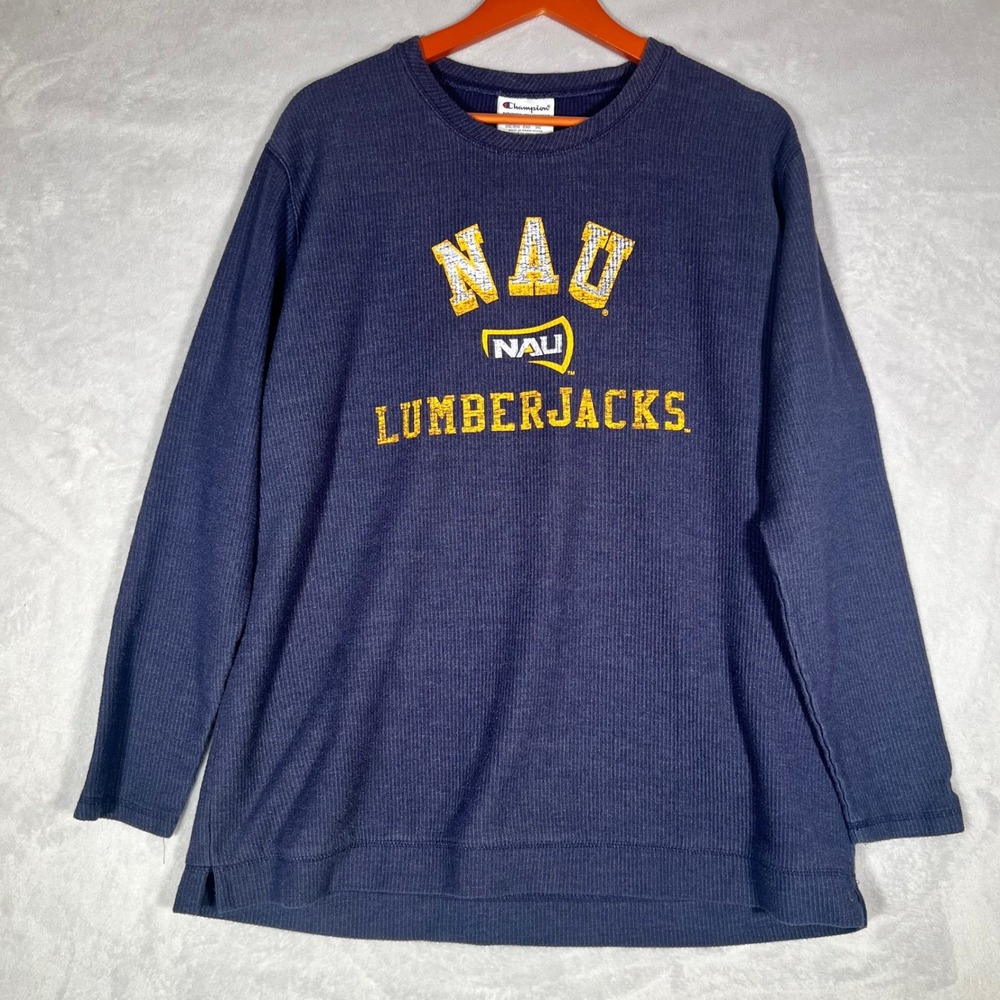 Champion NAU Lumberjacks Shirt Men 2XL Navy Blue Waffle Knit Thermal Long Sleeve